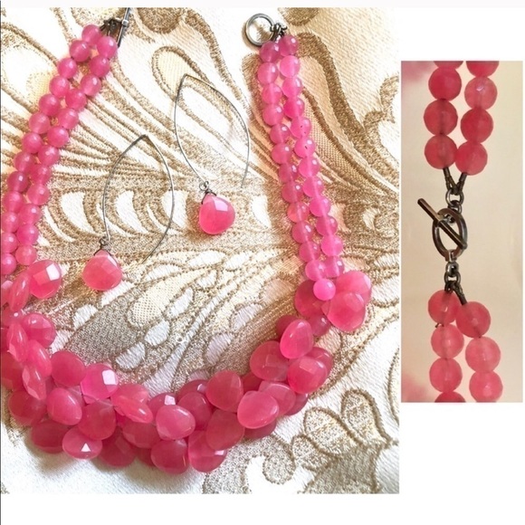 Genuine Real PiNK JADE Necklace 50+ Teardrops & Sterling EARRINGS Chic Luxury - Picture 5 of 9